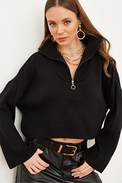 Olalook Pulover de damă, negru, cu fermoar, cu guler ridicat, tricotaj, KZK- 19000854