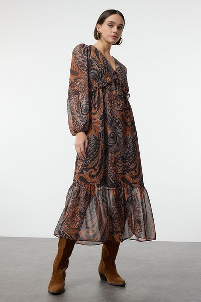 Trendyol Collection Μίντι φόρεμα μαύρο σιφόν - βολάν και φόδρα, υφαντό, Twoaw25el00336