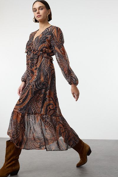 Trendyol Collection Μίντι φόρεμα μαύρο σιφόν - βολάν και φόδρα, υφαντό, Twoaw25el00336