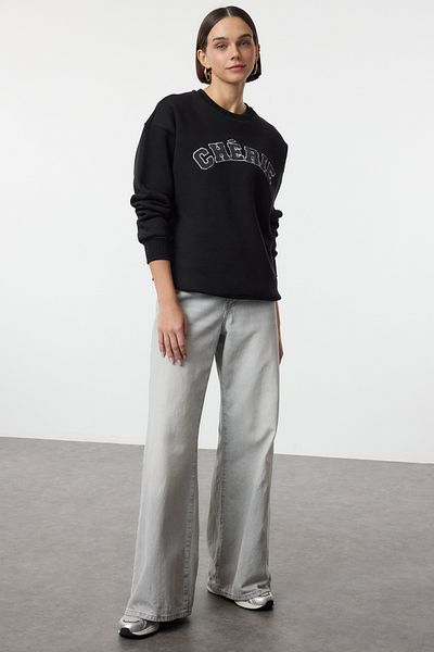 Trendyol Collection Черен дебел полар отвътре Oversize/удобна кройка Плетен суичър с лозунг Twoaw25Sw00030