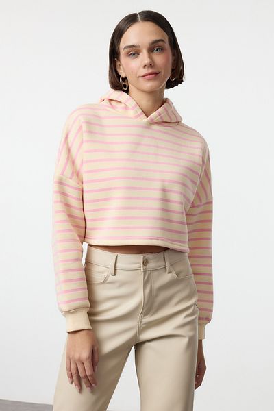 Trendyol Collection Ροζ ριγέ πλεκτό φούτερ με κουκούλα - κανονική εφαρμογή TWOAW25SW00289