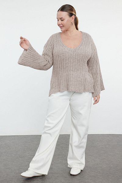 Trendyol Curve Stone V-Neck Ribbed Knitwear Sweater Tbbaw25An00023
