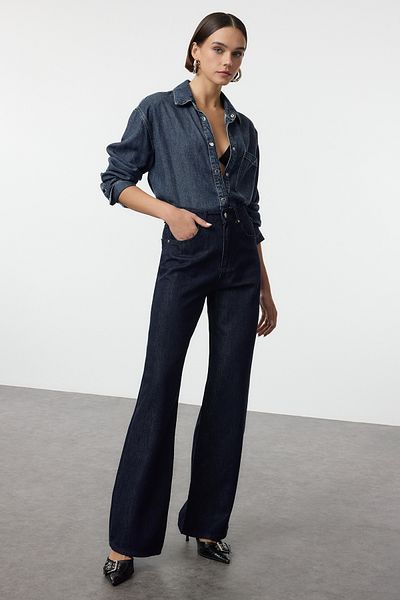 Trendyol Collection Ψηλόμεσο σκούρο μπλε φαρδύ τζιν - TWOAW25JE00166