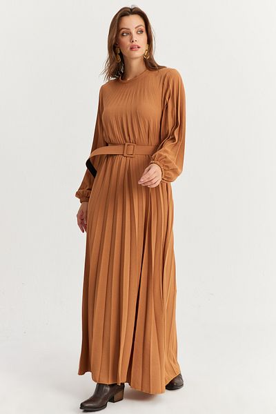 Cool & Modest Γυναικείο φόρεμα Camel Belted Plili Maxi ALZ500