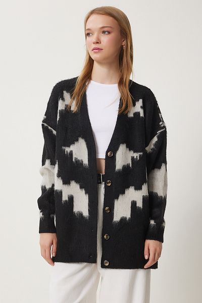 Happiness İstanbul Women's Black Gray Patterned Bearded Oversize Cardigan Us00941