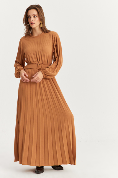 Cool & Modest Γυναικείο φόρεμα Camel Belted Plili Maxi ALZ500