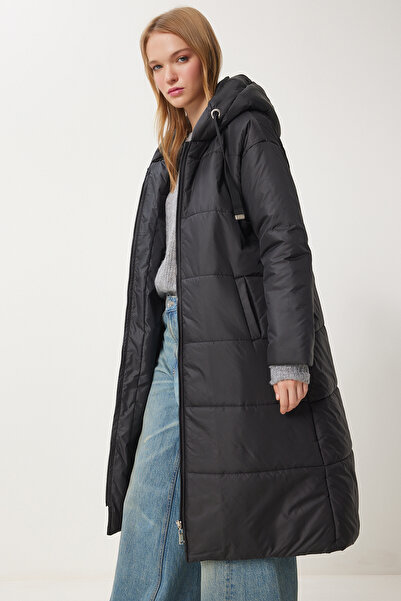 Happiness İstanbul Dámský černý dlouhý kabát s kapucí DD01006