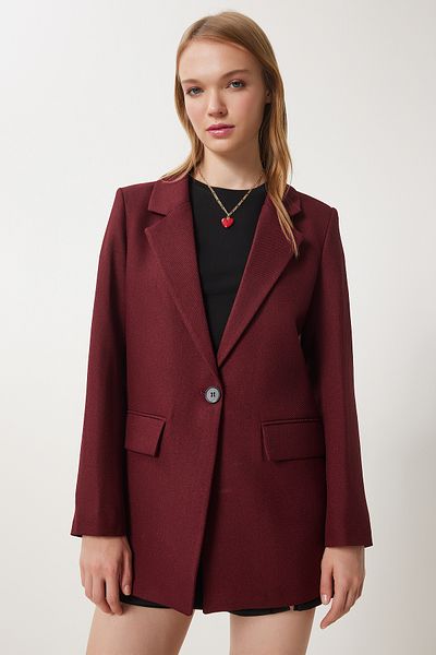 Happiness İstanbul Burgunderrote, wattierte, gewebte Blazerjacke für Damen HL00005