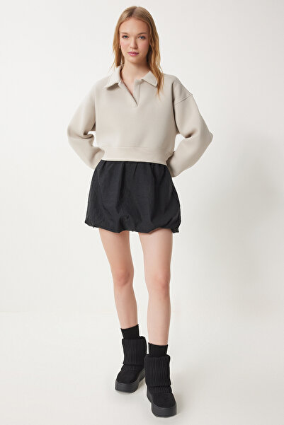 Happiness İstanbul Dámská béžová pletená mikina Polo Neck Raised Crop Hw00014