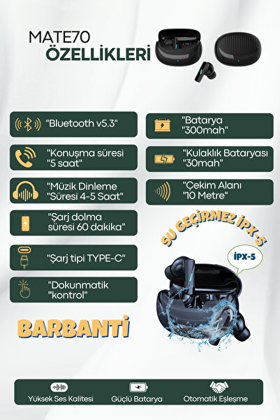 Barbanti Mobile Premium Kalite HD ses Ios Android Uyumlu Kablosuz Kulak içi Bluetooth Kulaklık