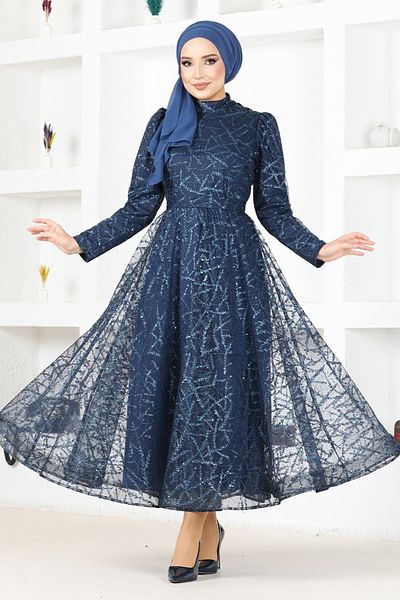 ModaMerve Navy Blue Tulle Evening Dress - Ygs6421 Model