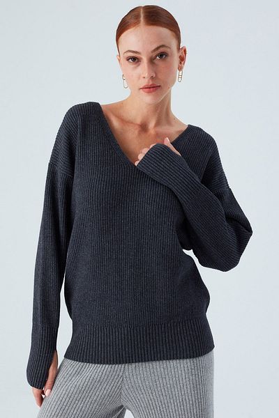 Peraluna V-Neck Loose Cut Cashmere Blend Women's Knitwear Sweater - Anthracite