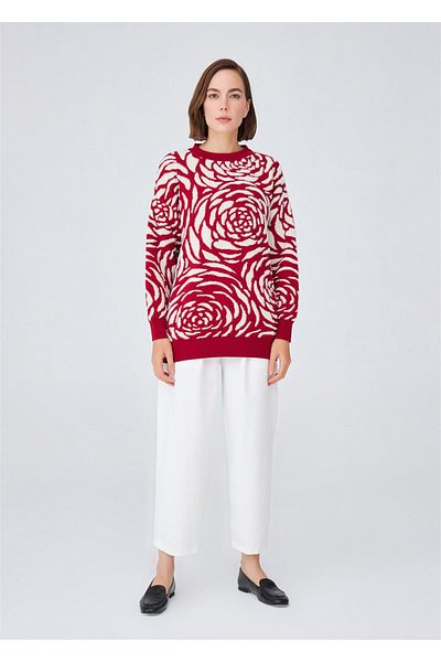 Peraluna Rose Patterned Jacquard Loose Cut Women's Knitwear Tunic - Red/Cream