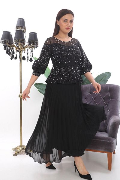 MİSS DİAMOND Short Balloon Sleeve Lace Collar Stone Detailed Black Evening Dress