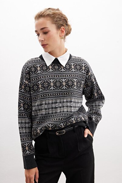 Peraluna Caıtlin Pullover Crew Neck Ethnic Motif Wool Blend Women's Knitwear Sweater - Anthracite Melange