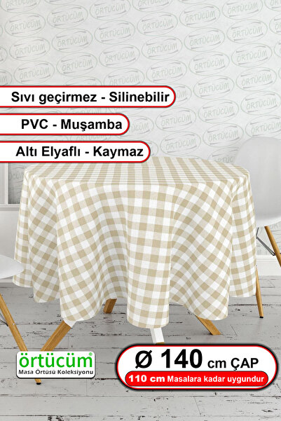 Örtücüm Yuvarlak Krem Beyaz Pötikareli Astarlı Pvc Muşamba Masa Örtüsü Leke T...