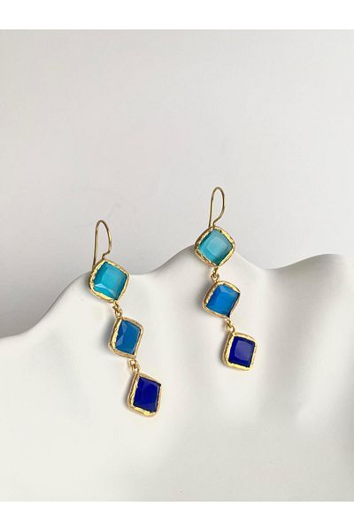 ı feel free more then ever that moment Custom Design Cat Eye Square Stone Dangle Earrings - Blue Shades