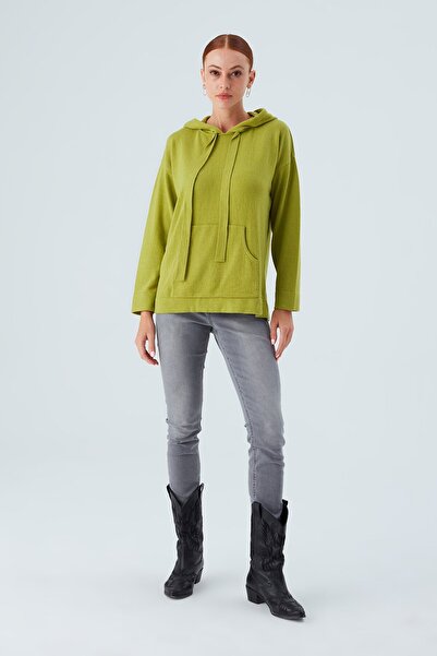 Peraluna Kaşmir Karışım Kapüşonlu Bol Kesim Kadın Triko Kazak - Yeşil