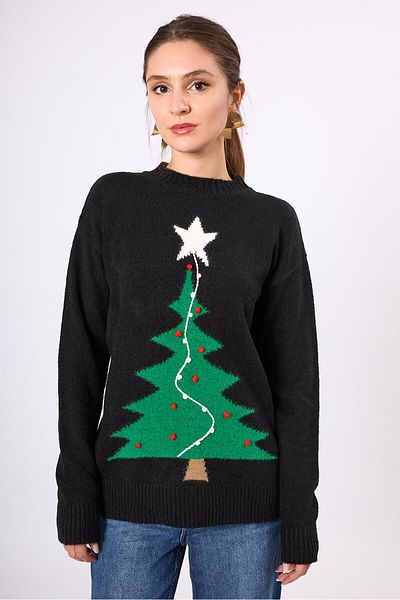Peraluna Pulover de Anul Nou unisex cu model de pin Happy Times - negru/verde