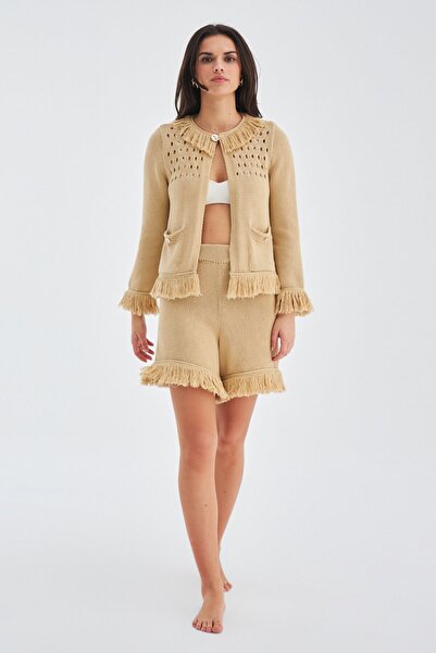 Peraluna Mıyoki Cardıgan & Shorts Mevsimlik Pamuklu Kadın Triko Takım Şort - Bej
