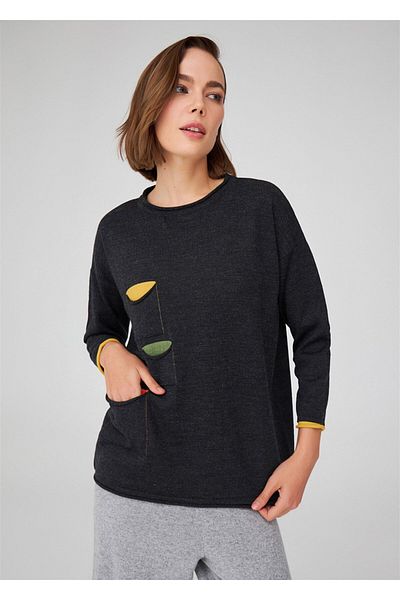 Peraluna Loose Cut Crew Neck Three Pocket Women's Knitwear Sweater - Anthracite Melange