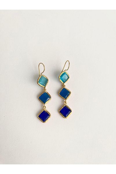 ı feel free more then ever that moment Custom Design Cat Eye Square Stone Dangle Earrings - Blue Shades