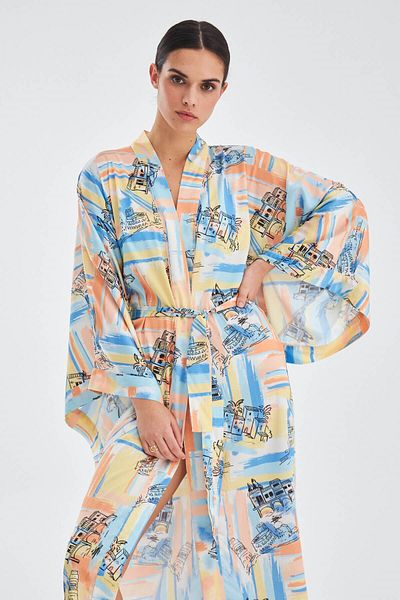 Peraluna Kimono de vară din satin cu model Inaya Kimono 120 cm - Albastru/galben