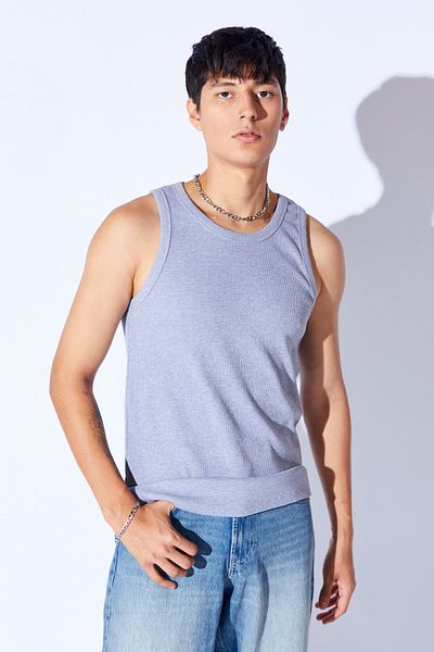 Manche Halter Collar Rib Luxury Quality Men's Lycra Tank Top |   Gray Mnn 7310055 -1