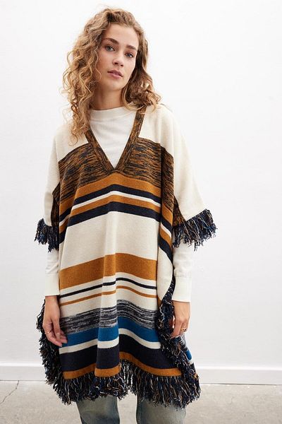 Peraluna MELODY PONCHO - Striped, Wool Blend Knee Length, Tasseled Women's Knitwear Poncho