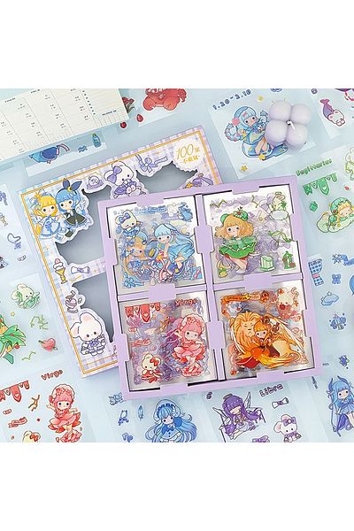 GUGUK 100 Sheets 4-Section Fairy Girl and Animals Themed Sticker Set - Bullet Journal (Ggk-Dg042)