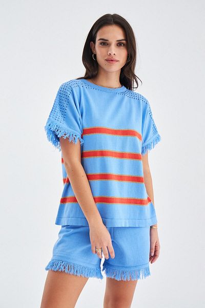 Peraluna Hannah Blouse și pantaloni scurți - Set de pantaloni scurți de vară din bumbac pentru femei, albastru/portocaliu/auriu