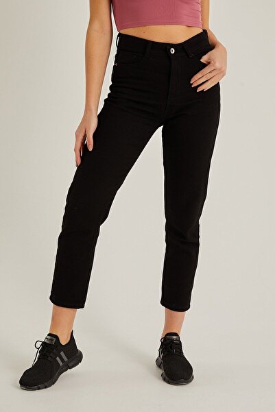 WODDİ بنطلون جينز أمي أسود من داليا (حجم واحد صغير)