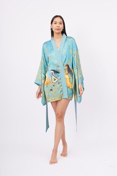 Peraluna Turquoise Joy Short Kimono Printed Satin Women's Kimono