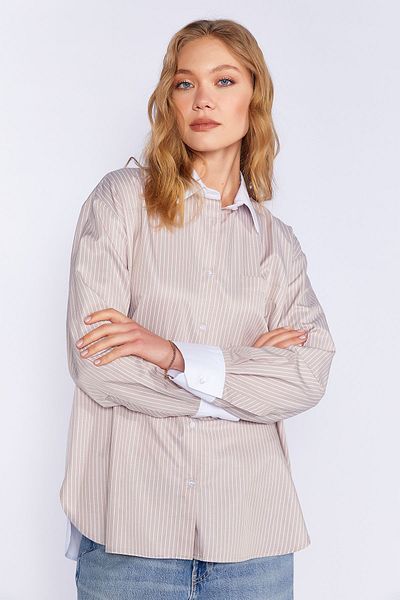 Manche Long Sleeve Oversize Striped Shirt with Collar Cuff and Back Detail |   Stone Mks 169143 -01