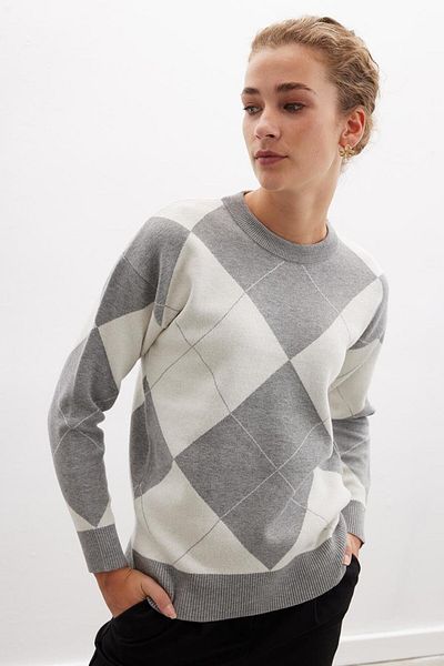 Peraluna Pulover Styleboom X Peraluna OXFORD Pulover cu decolteu rotund cu model diamantat Tricotaj de damă - Melange gri