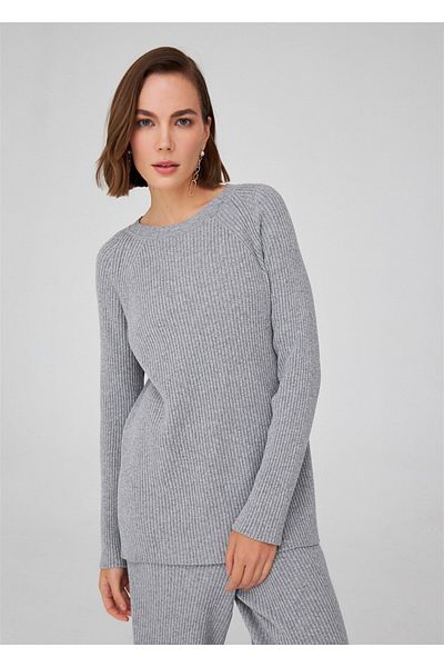 Peraluna Gray Melange Women's Knitwear Sweater - Loose Cut and Slit