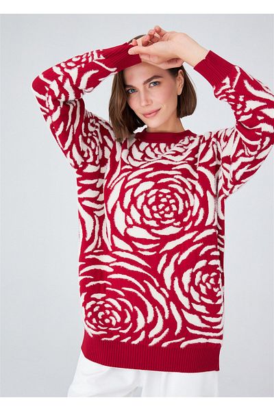 Peraluna Rose Patterned Jacquard Loose Cut Women's Knitwear Tunic - Red/Cream