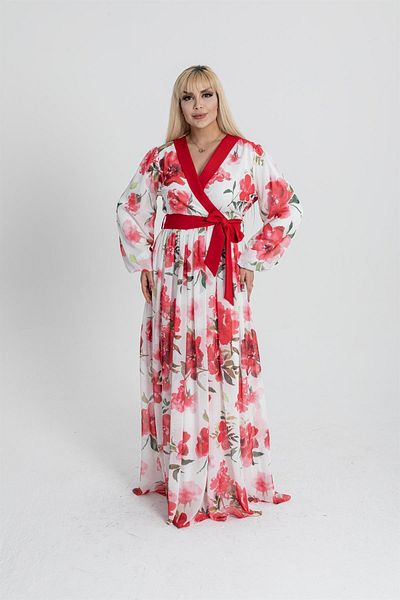 MİSS DİAMOND Long Chiffon Red Dress with Waist Ribbon