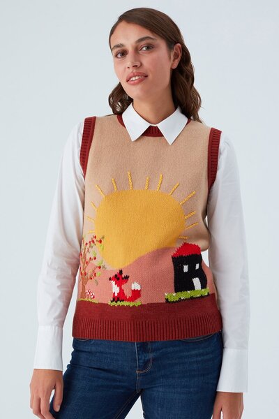 Peraluna Sunny Vest Hand Embroidered Women's Knitwear Sweater - Beige/Brown