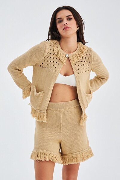 Peraluna Mıyoki Cardıgan & Shorts Mevsimlik Pamuklu Kadın Triko Takım Şort - Bej