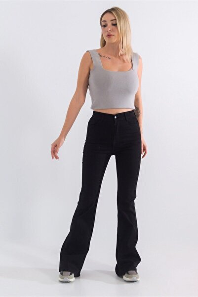 ByCukurovaFrango By-8500 Jeans Black High Waist Flared Denim Trousers