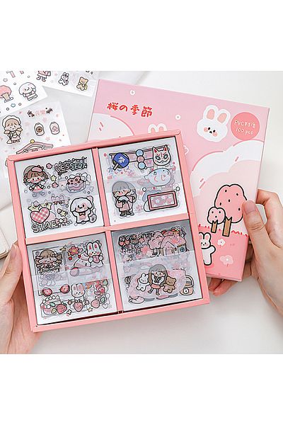 GUGUK Cherry Blossoms Themed 100 Sheets 4 Compartment Sticker Set • Bullet Journal (Ggk-Dz071)