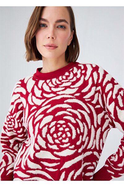 Peraluna Rose Patterned Jacquard Loose Cut Women's Knitwear Tunic - Red/Cream