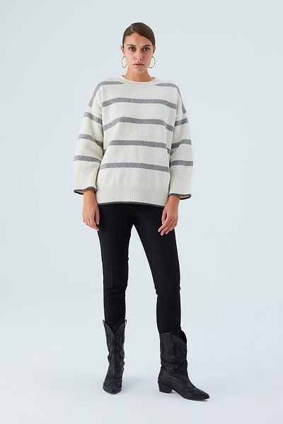 Peraluna Carla Pullover - Pulover de damă din lână cu dungi - Ecru