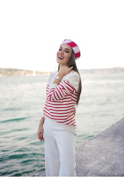 Peraluna Pulover Styleboom X Audrey, cu umeri, cu dungi, bumbac organic, sezonier, tricotaje pentru femei