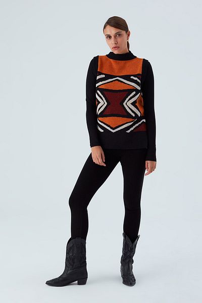 Peraluna Pulovere de damă cu model jacquard etnic Kenda Vest cu fante pe laterale - Multi