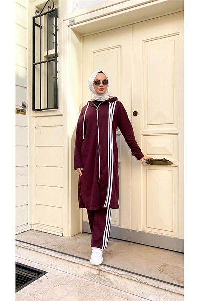Bwest Zippered Hijab Tracksuit Set with Long Tunic and Trousers - Plum - 03077.020
