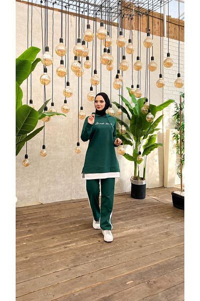 Bwest Hooded Text Printed Short Sweat Pants Hijab Tracksuit Set - 03080.021 -