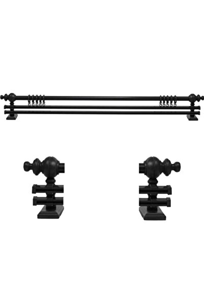 OPEN SHOPS Siyah Çift Raylı Ahşap Rustik Perde Askısı Ve Alüminyum Rustik Bor...