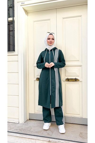 Bwest Long Tunic and Trousers Hijab Tracksuit Set - Zippered and Hooded - 03077.021 - Nefti